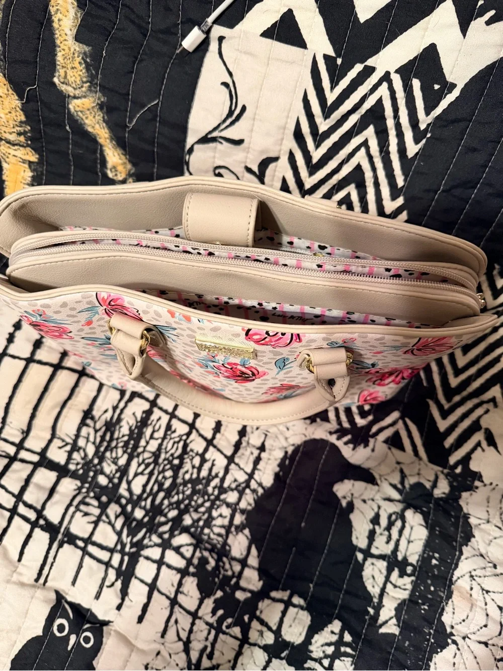 Betsey Johnson Cream Floral Satchel with Pink and Blue Blooms